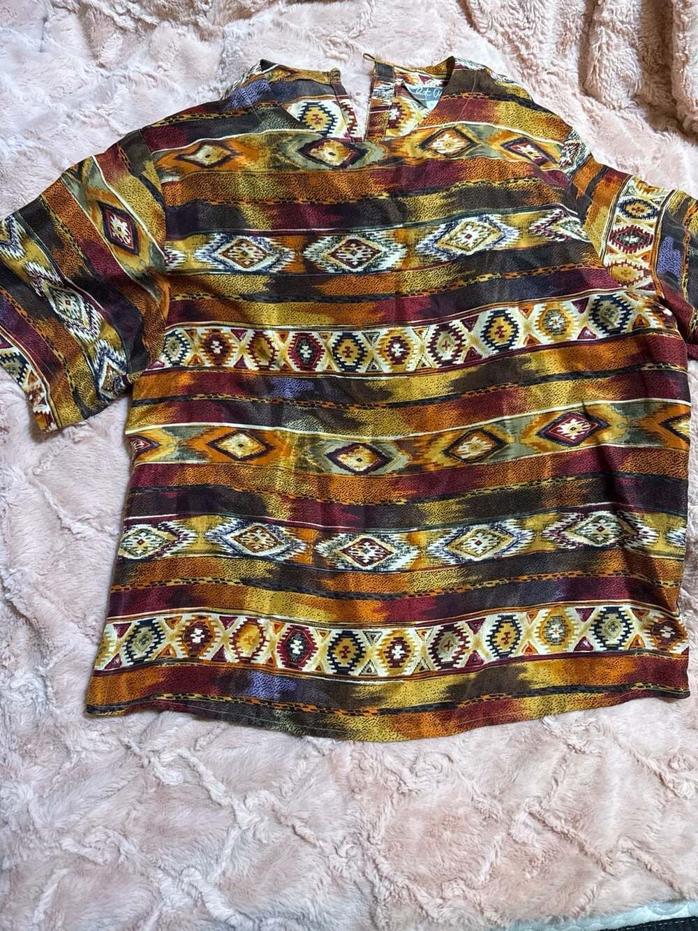Pat Argenti 100% Silk Southwestern Geometric Print Short Sleeve Blouse Size 14